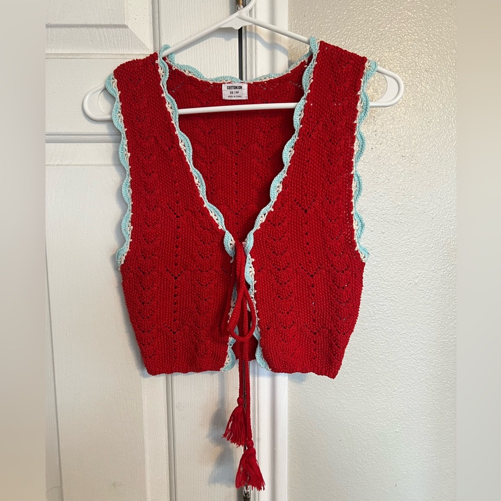 Cotton On Crochet Vest Scallop Edge Trim Red Tie Front Bow Coquette Cottagecore